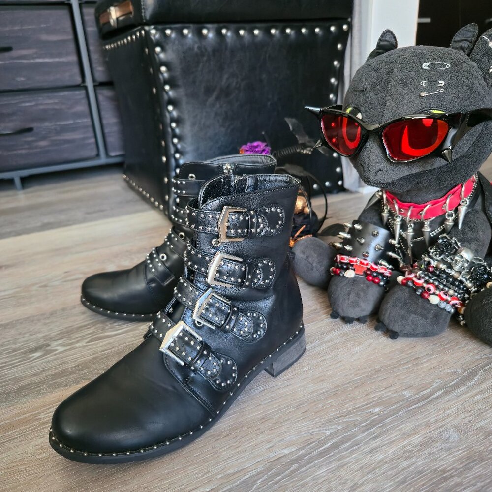 Women's Black Studded Multi-Strap Buckled Ankle Boots